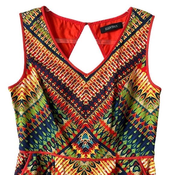 Ellen Tracy colorful a-line sleeveless dress boho print pockets keyhole back - Picture 2 of 16